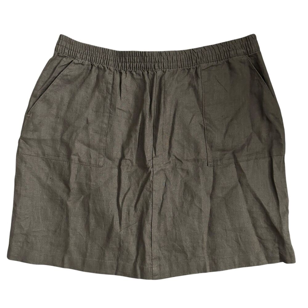 Garnet Hill Brown Linen Elastic Waist Short Skirt with Pockets Size 16 NWT